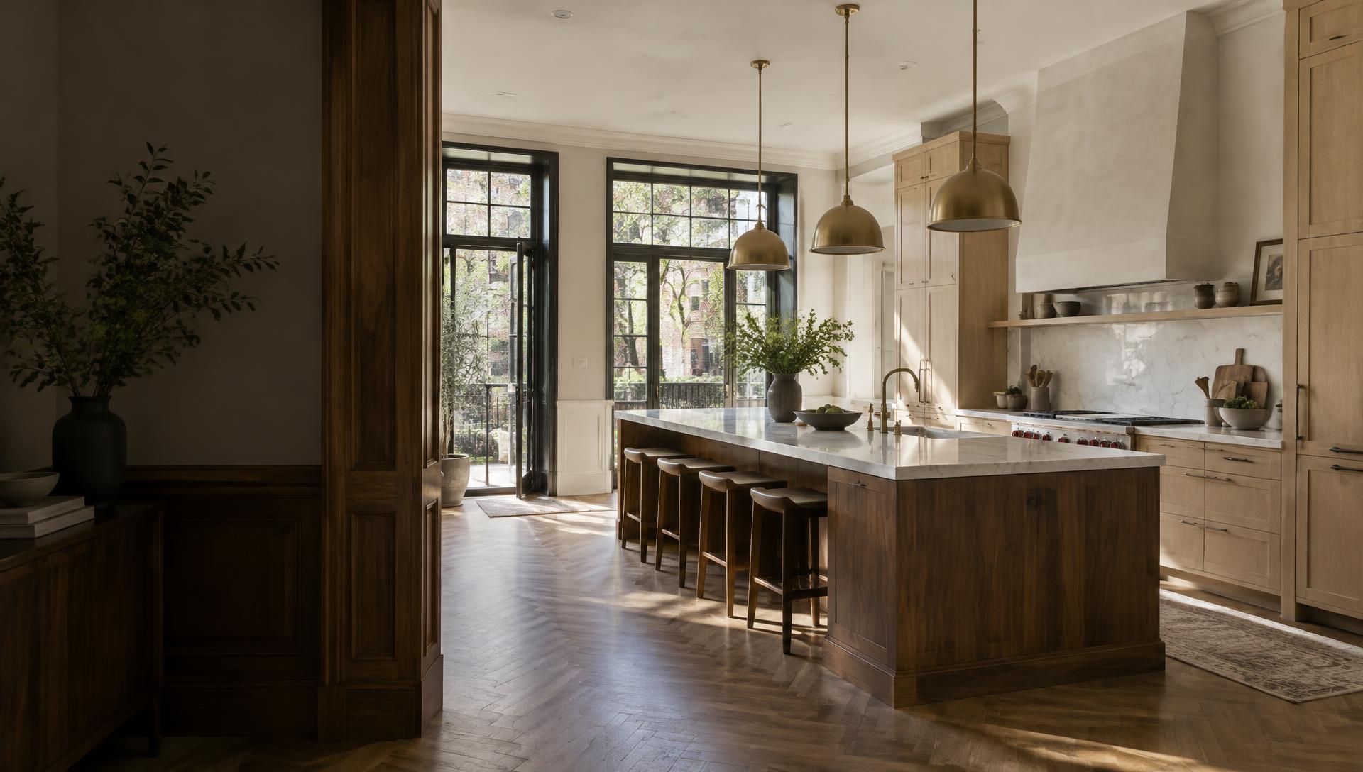 Beautifully renovated New York brownstone kitchen with oak cabinetry, marble island and brass pendants
